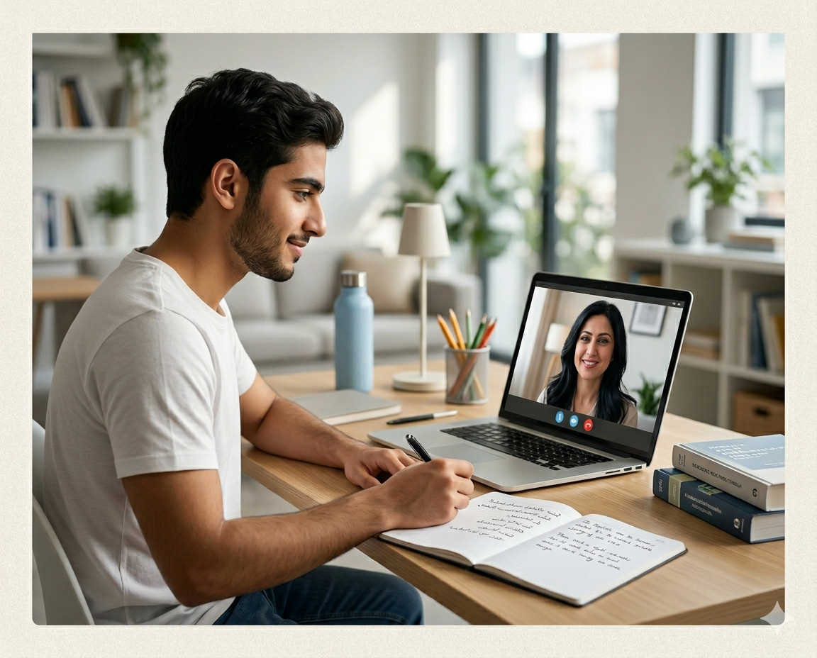 Student using a laptop for online tutoring support