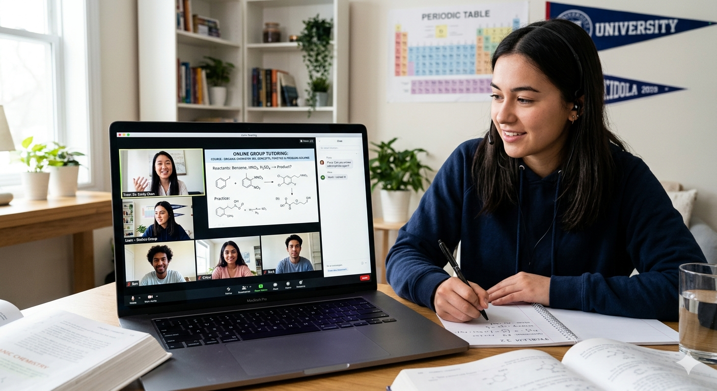 Small group of university students learning together in an online tutoring session